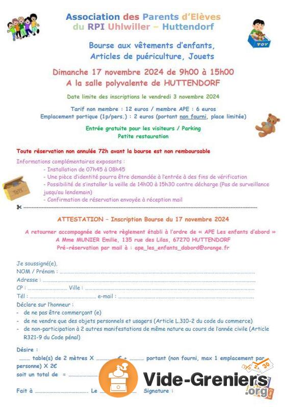 Bourse aux vêtements enfants, articles puériculture, jouets